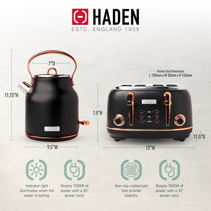 Haden Heritage 4 Slice Wide Slot Toaster & Electric Kettle, Black & Copper