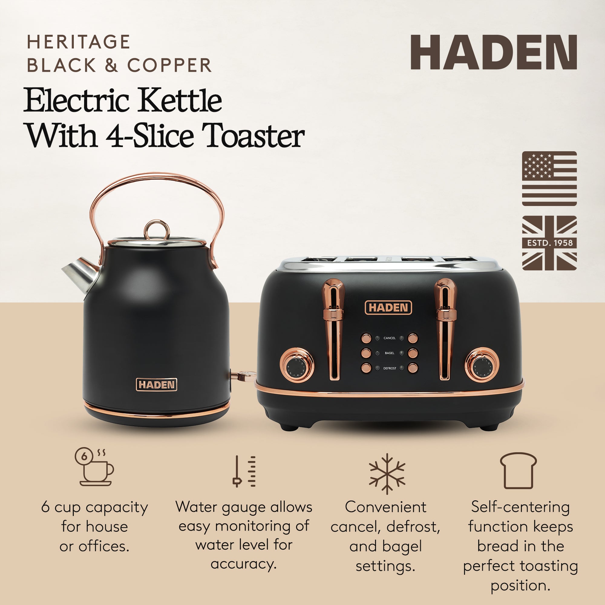 Haden Heritage 4 Slice Wide Slot Toaster & Electric Kettle, Black & Copper - VMInnovations