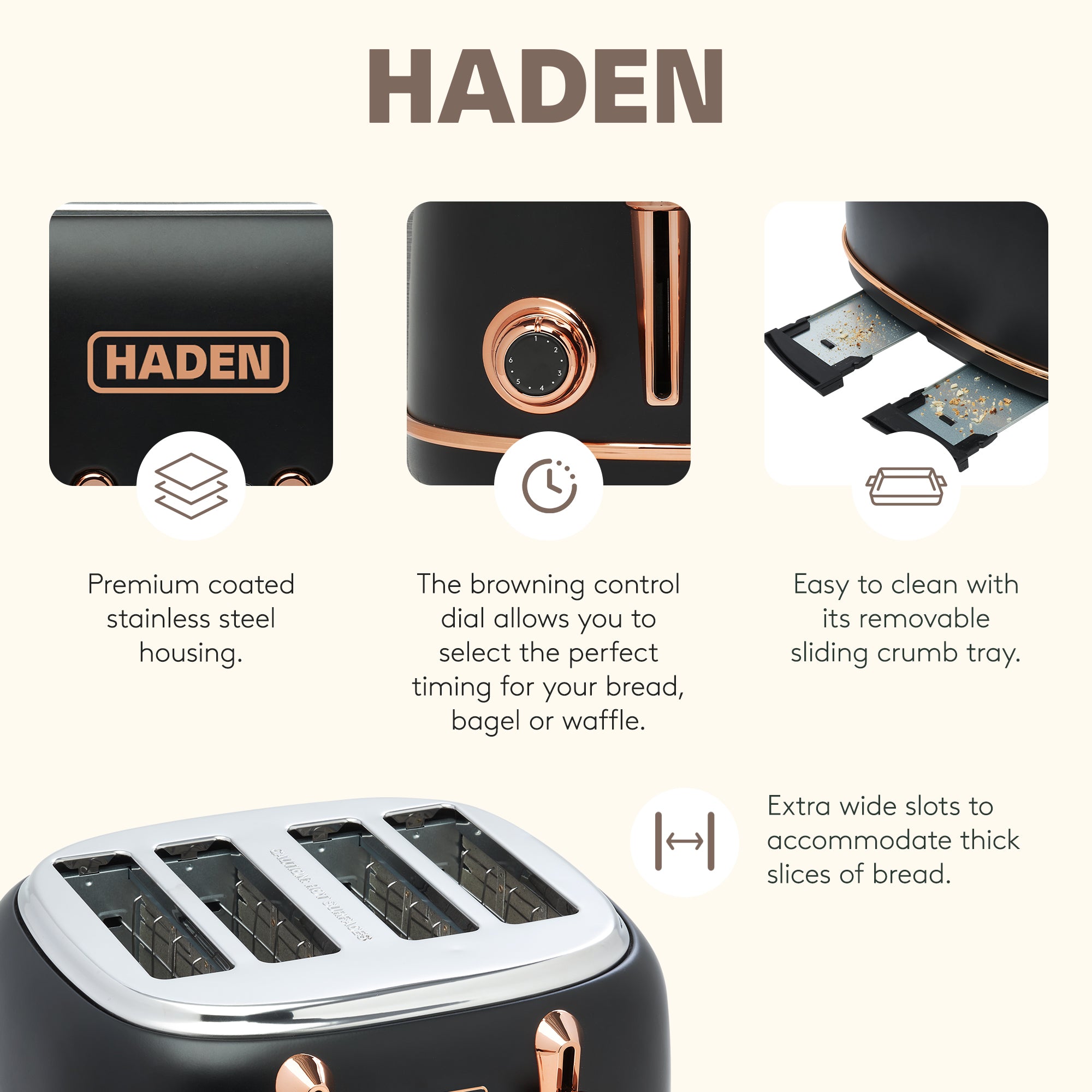 Haden Heritage 4 Slice Wide Slot Toaster & Electric Kettle, Black & Copper - VMInnovations