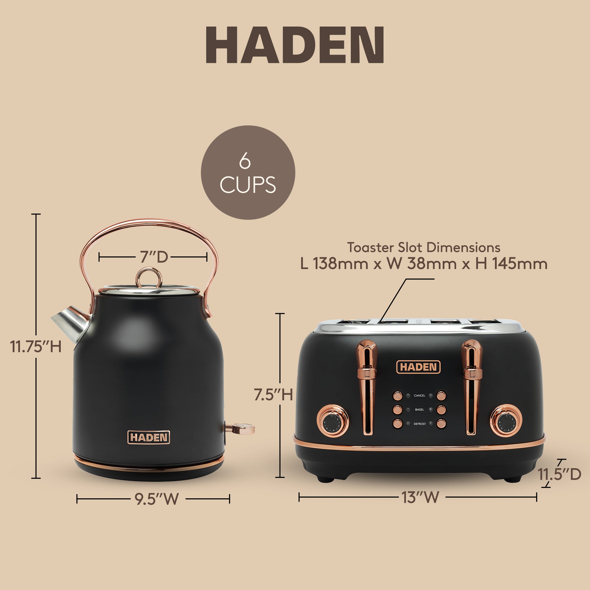 Haden Heritage 4 Slice Wide Slot Toaster & Electric Kettle, Black & Copper - VMInnovations