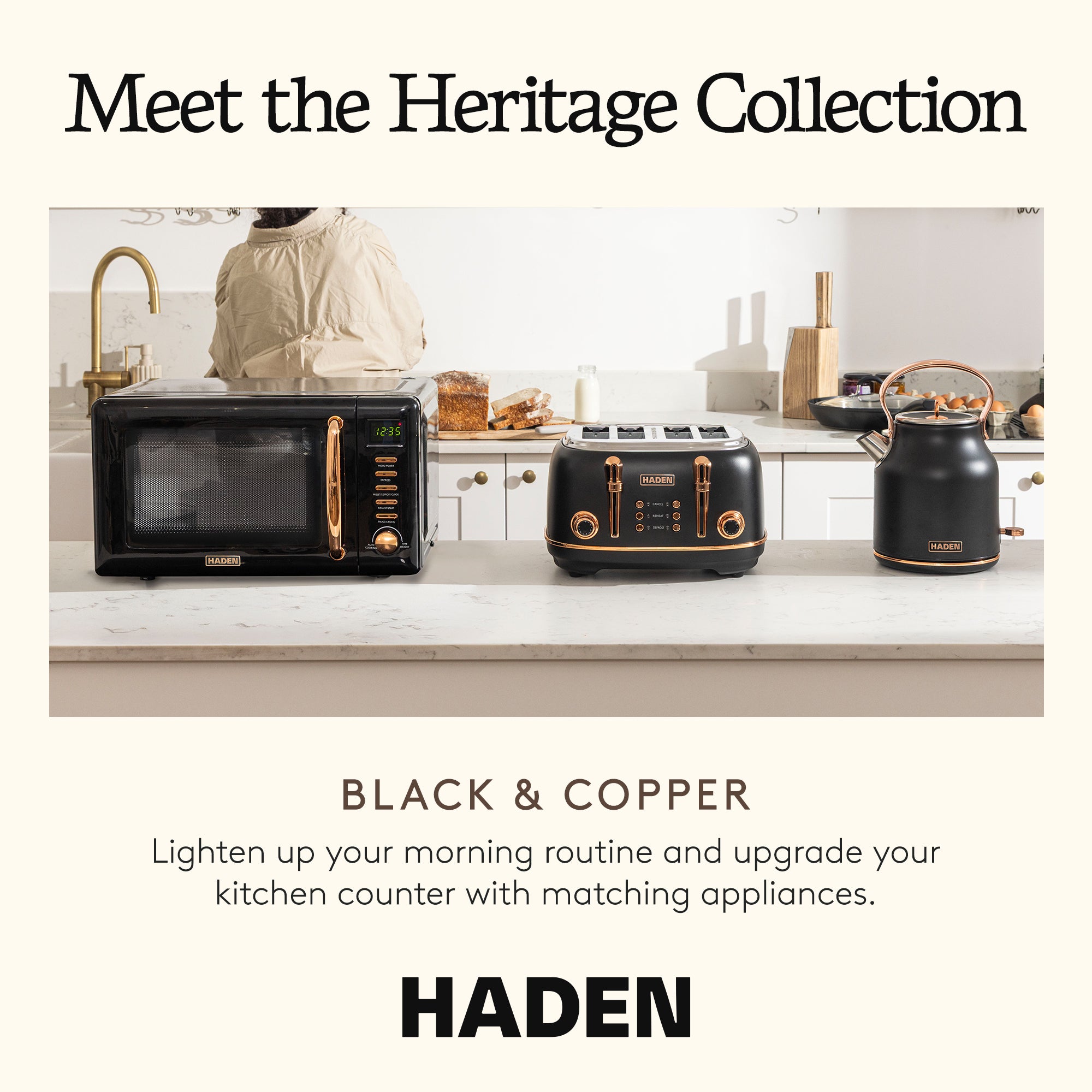 Haden Heritage 4 Slice Wide Slot Toaster & Electric Kettle, Black & Copper - VMInnovations