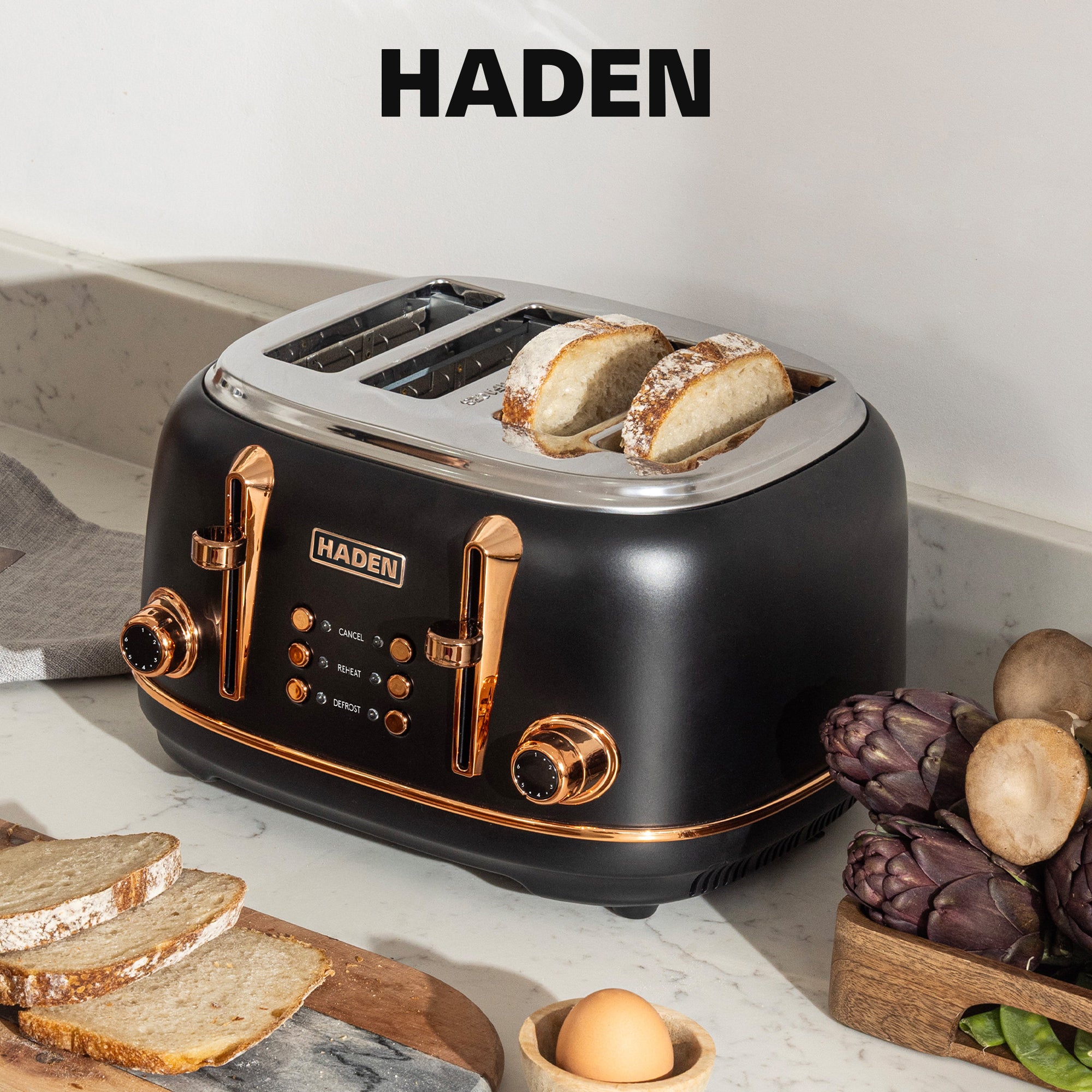 Haden Heritage 4 Slice Wide Slot Toaster & Electric Kettle, Black & Copper - VMInnovations