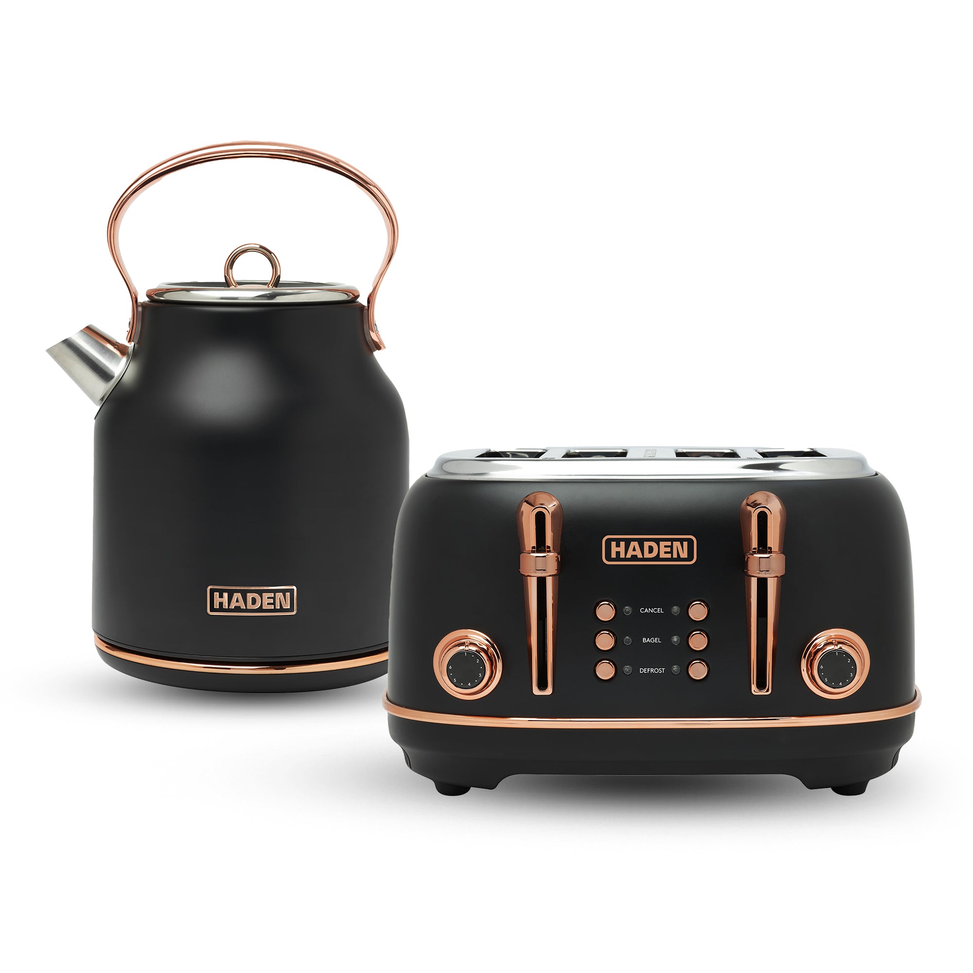 Haden Heritage 4 Slice Wide Slot Toaster & Electric Kettle, Black & Copper - VMInnovations