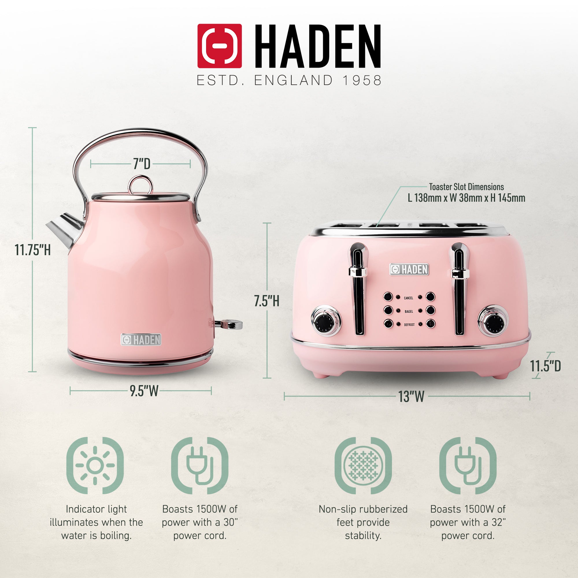 Haden Heritage Electric Water Kettle & 4 Slice Wide Slot Toaster, English Rose - VMInnovations