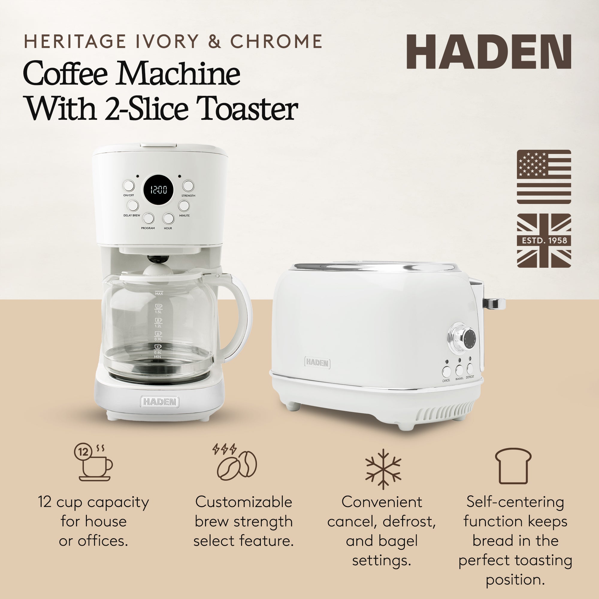 Haden 12 Cup Coffee Maker with 2 Slice Wide Stainless Steel Bread Toaster, White - VMInnovations