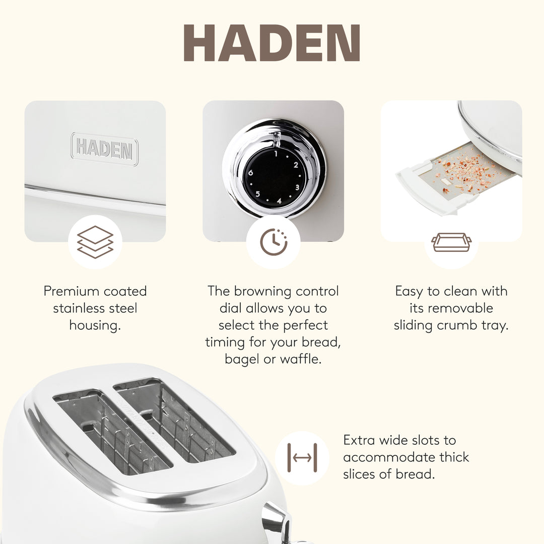 Haden 12 Cup Coffee Maker with 2 Slice Wide Stainless Steel Bread Toaster, White