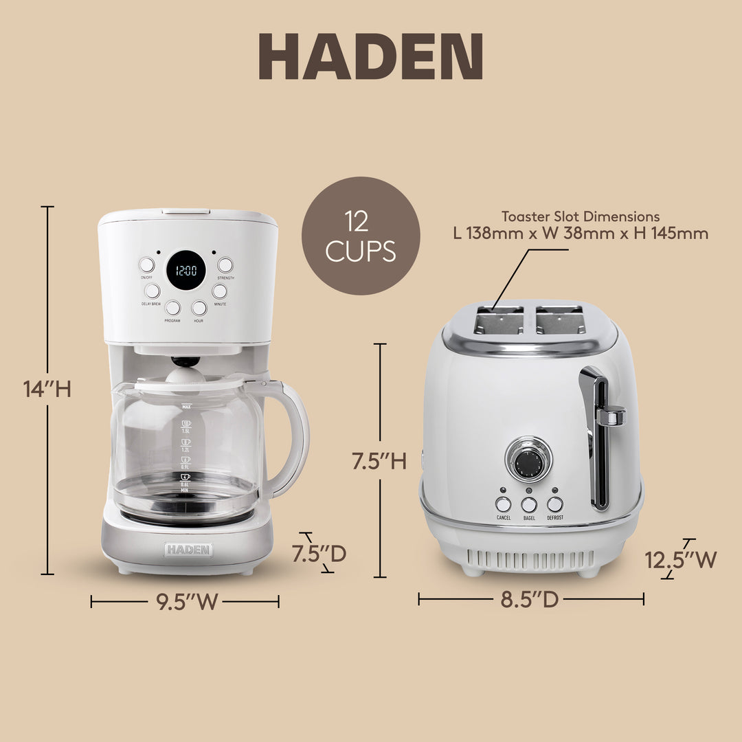 Haden 12 Cup Coffee Maker with 2 Slice Wide Stainless Steel Bread Toaster, White