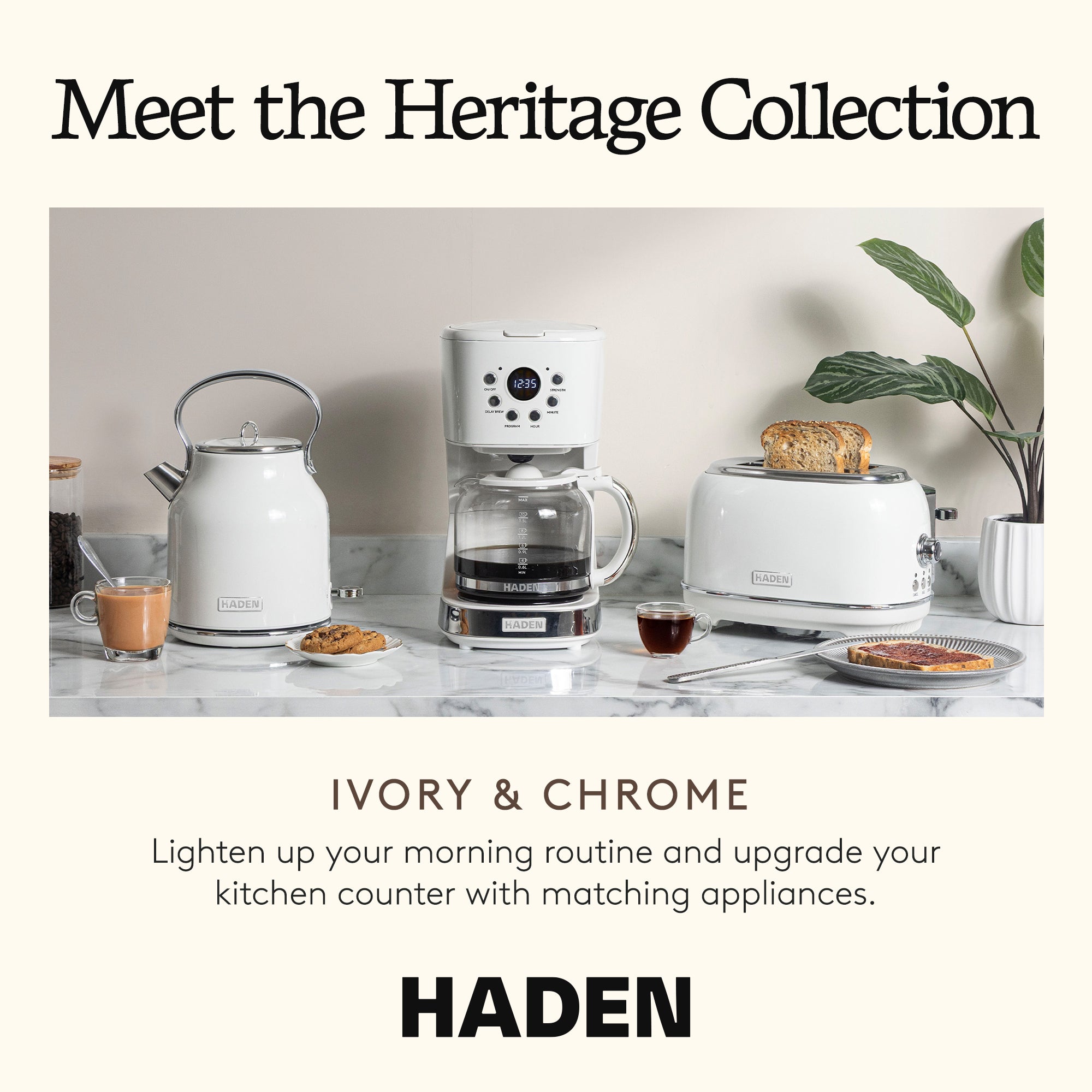 Haden 12 Cup Coffee Maker with 2 Slice Wide Stainless Steel Bread Toaster, White