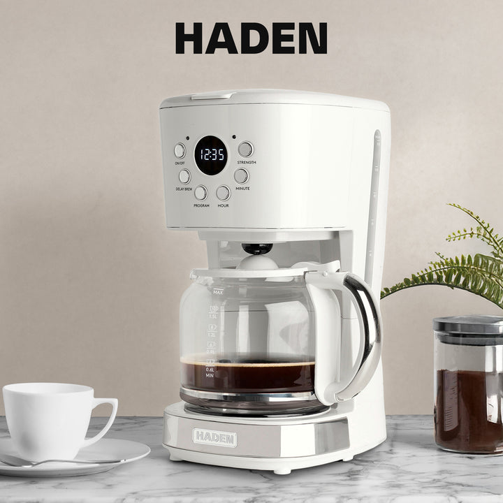Haden 12 Cup Coffee Maker with 2 Slice Wide Stainless Steel Bread Toaster, White