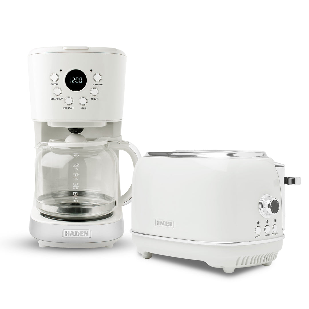 Haden 12 Cup Coffee Maker with 2 Slice Wide Stainless Steel Bread Toaster, White