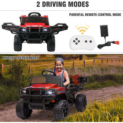 TOBBI 12V Battery Powered Electric Vehicle Ride On Farm Truck with Trailer, Red