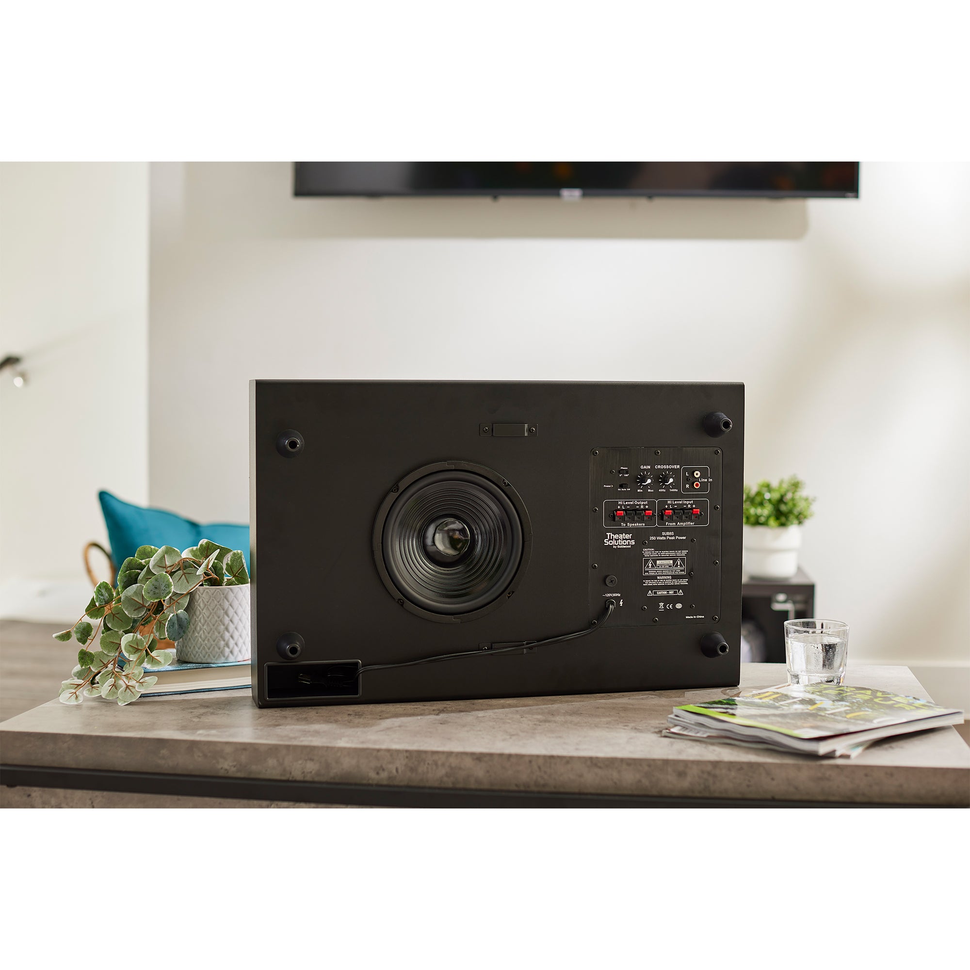 Theater Solutions by Goldwood 250 Watt 8 Inch Slim Home Theater Subwoofer, Black