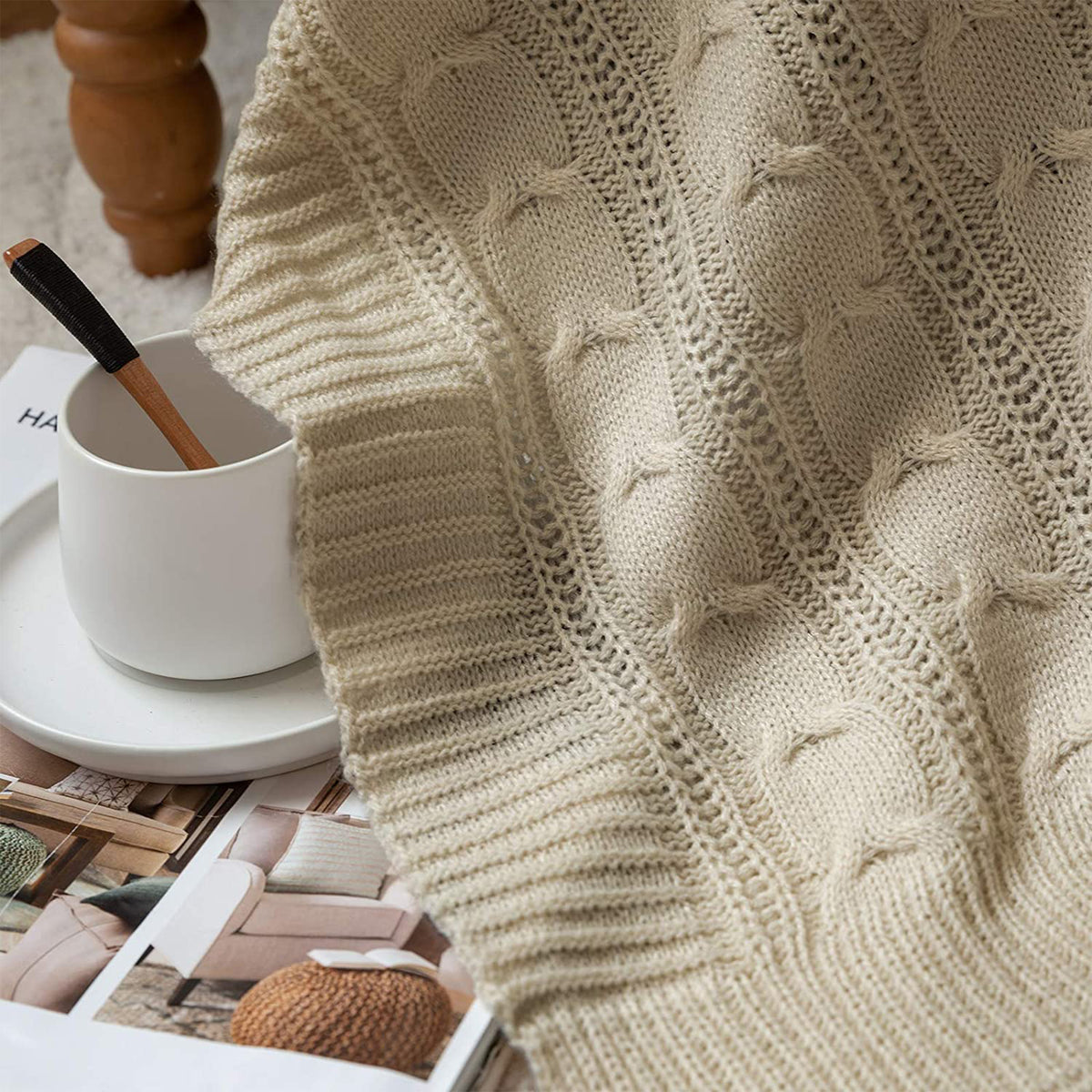 JINCHAN 60 x 50 Inch Lightweight Cable Knit Sweater Style Throw Blanket (Used)