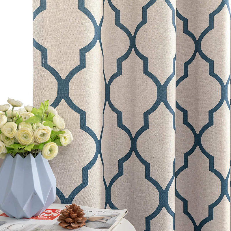 JINCHAN 52 x 63 Inch Grommet Moroccan Tile Flax Linen Curtains, Blue (2 Panels)