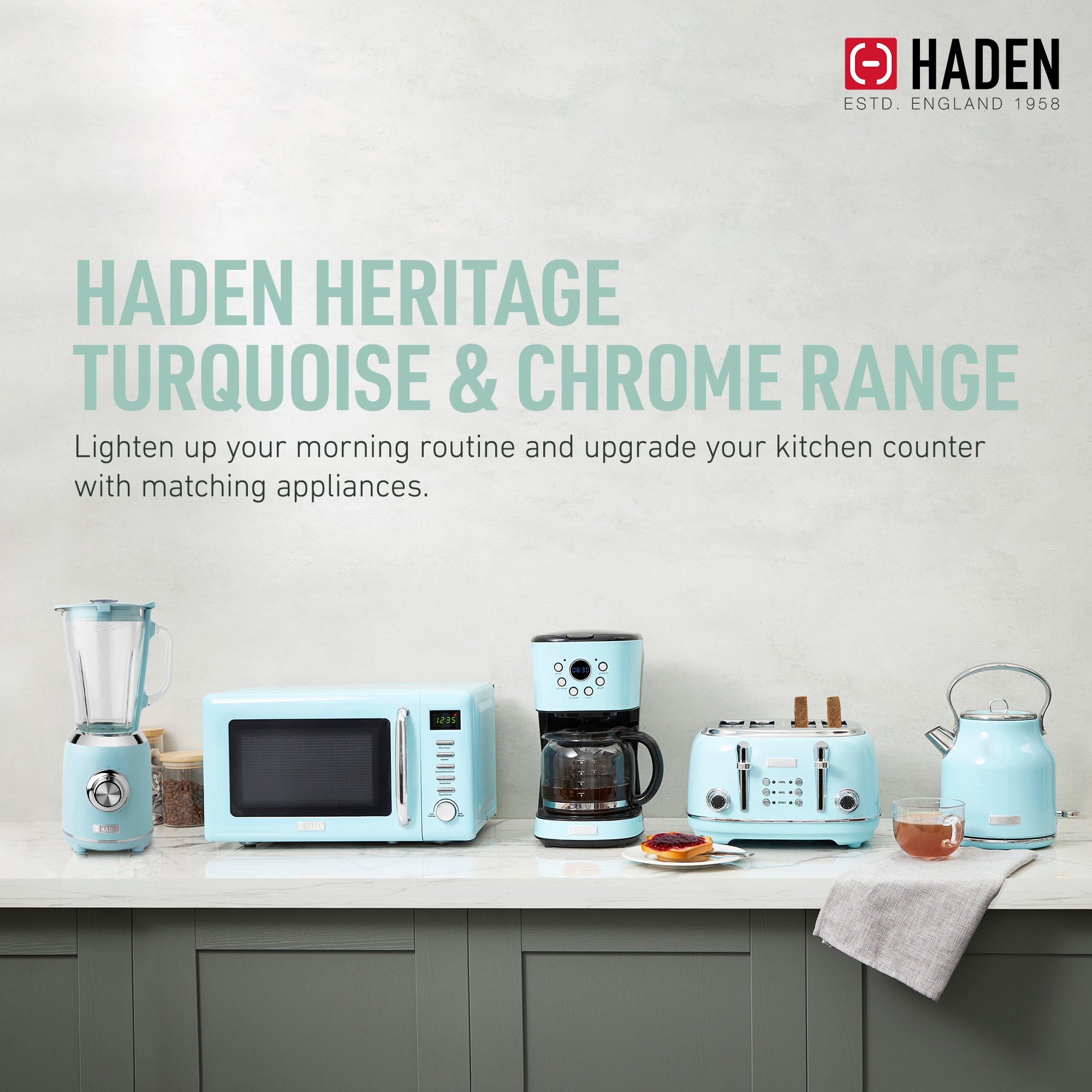 Haden Heritage Toaster, Kettle, Coffee Maker, Microwave, and Blender Set, Blue