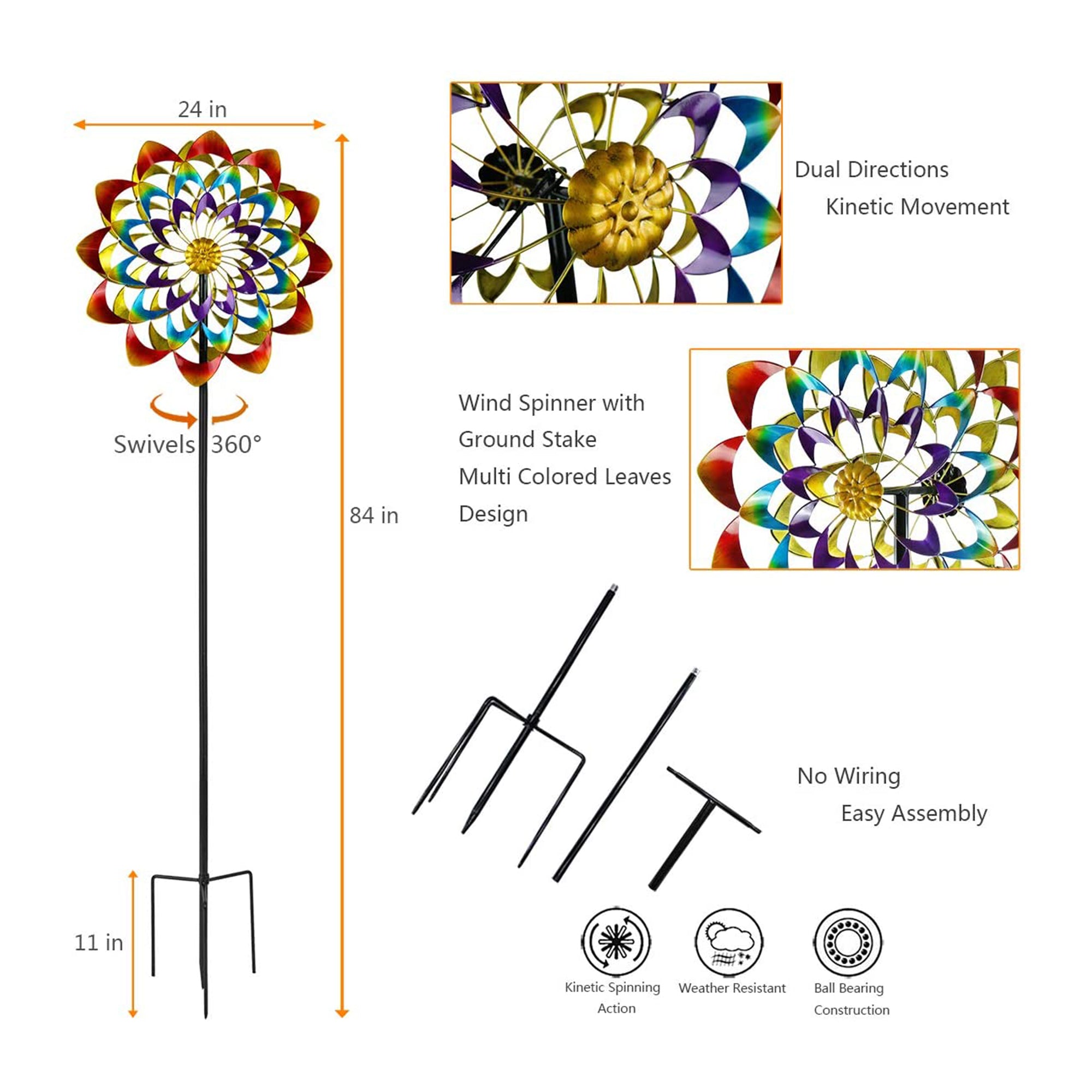 Hourpark Rainbow Outdoor Garden Decor Flower Wind Spinner, Multicolor (Open Box) - VMInnovations