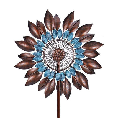 Hourpark Outdoor Sunflower Wind Spinner for Parkway or Lawn, Bronze and Blue