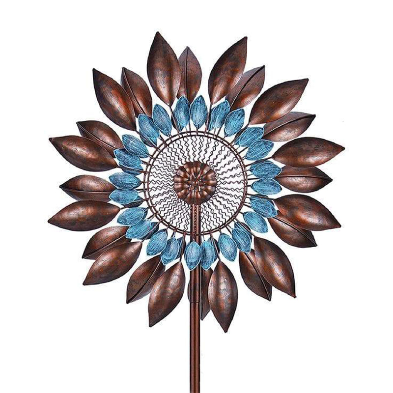 Hourpark Outdoor Sunflower Wind Spinner for Parkway or Lawn, Bronze and Blue