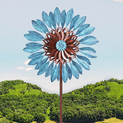 Hourpark 84 Inch Outdoor Sunflower Yard Art Garden Wind Spinner, Blue & Bronze