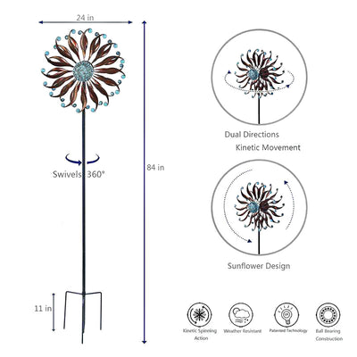 Hourpark 84" Chrysanthemum Flower Outdoor Wind Spinner w/Stake, Bronze & Blue