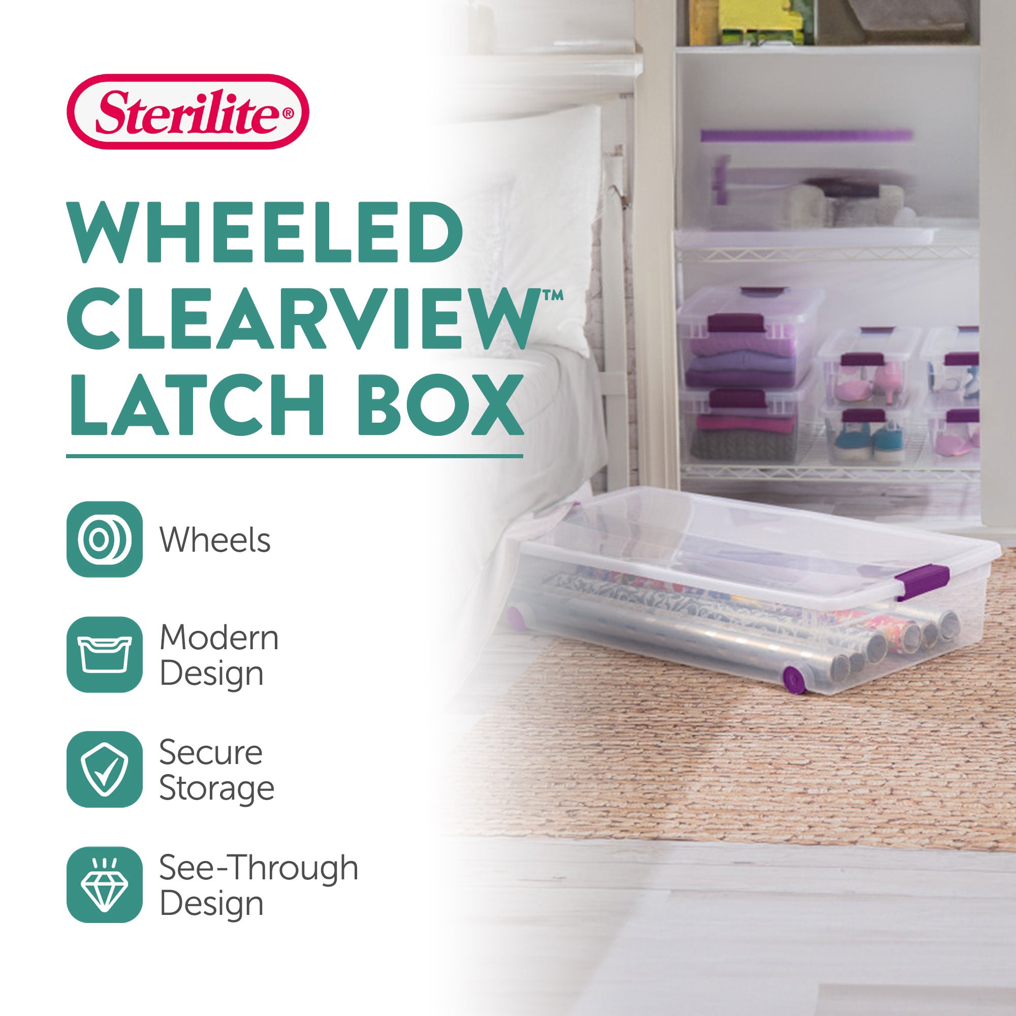 Sterilite 60 Qt ClearView Latch Wheeled Stackable Storage Box, 4 Pack