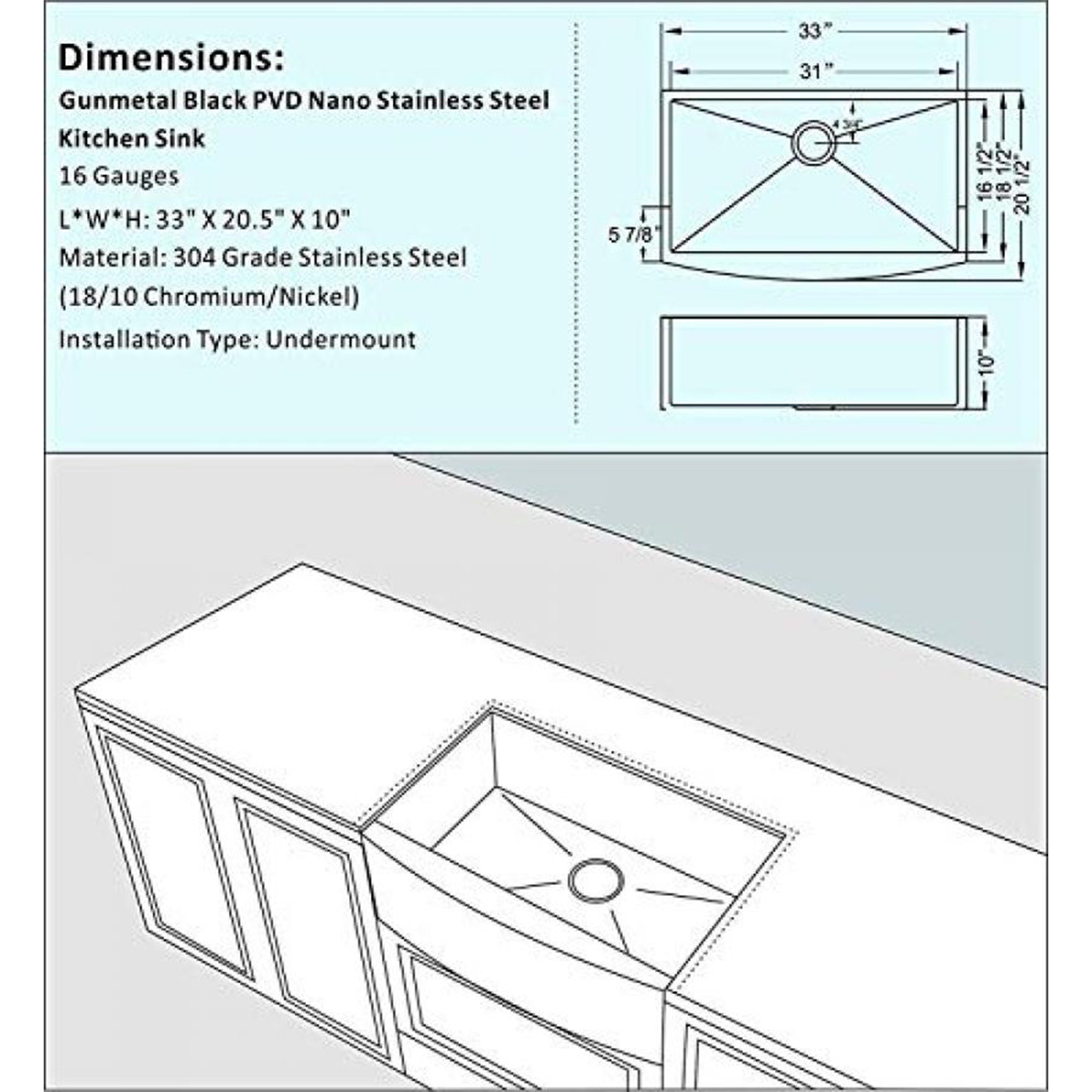 ALWEN 16ga. 33" Stainless Steel Farmhouse Kitchen Sink, Top/Undermount, Black