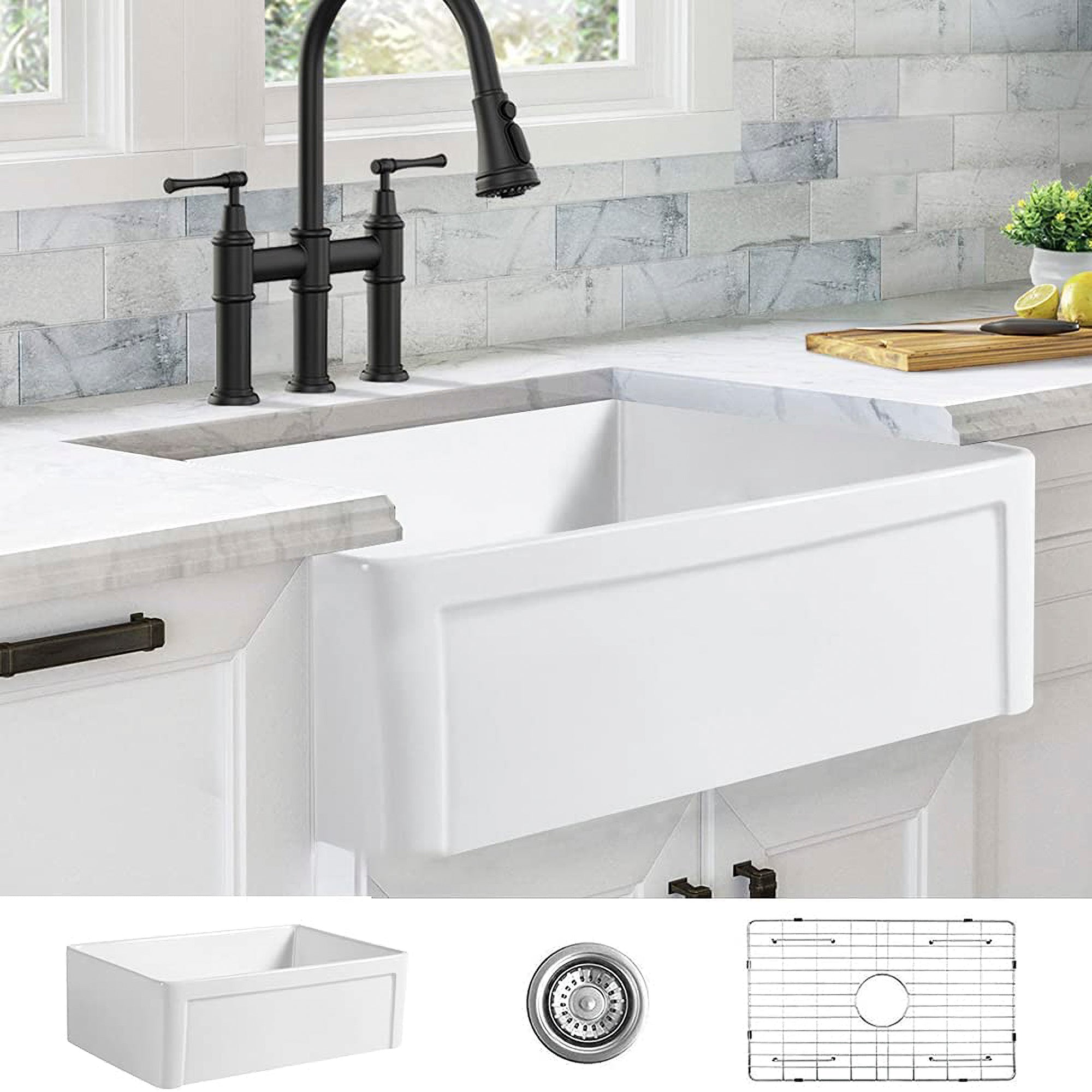 ALWEN 30 Inch Single Bowl Reversible Fireclay Farmhouse Sink, Undermount, White - VMInnovations