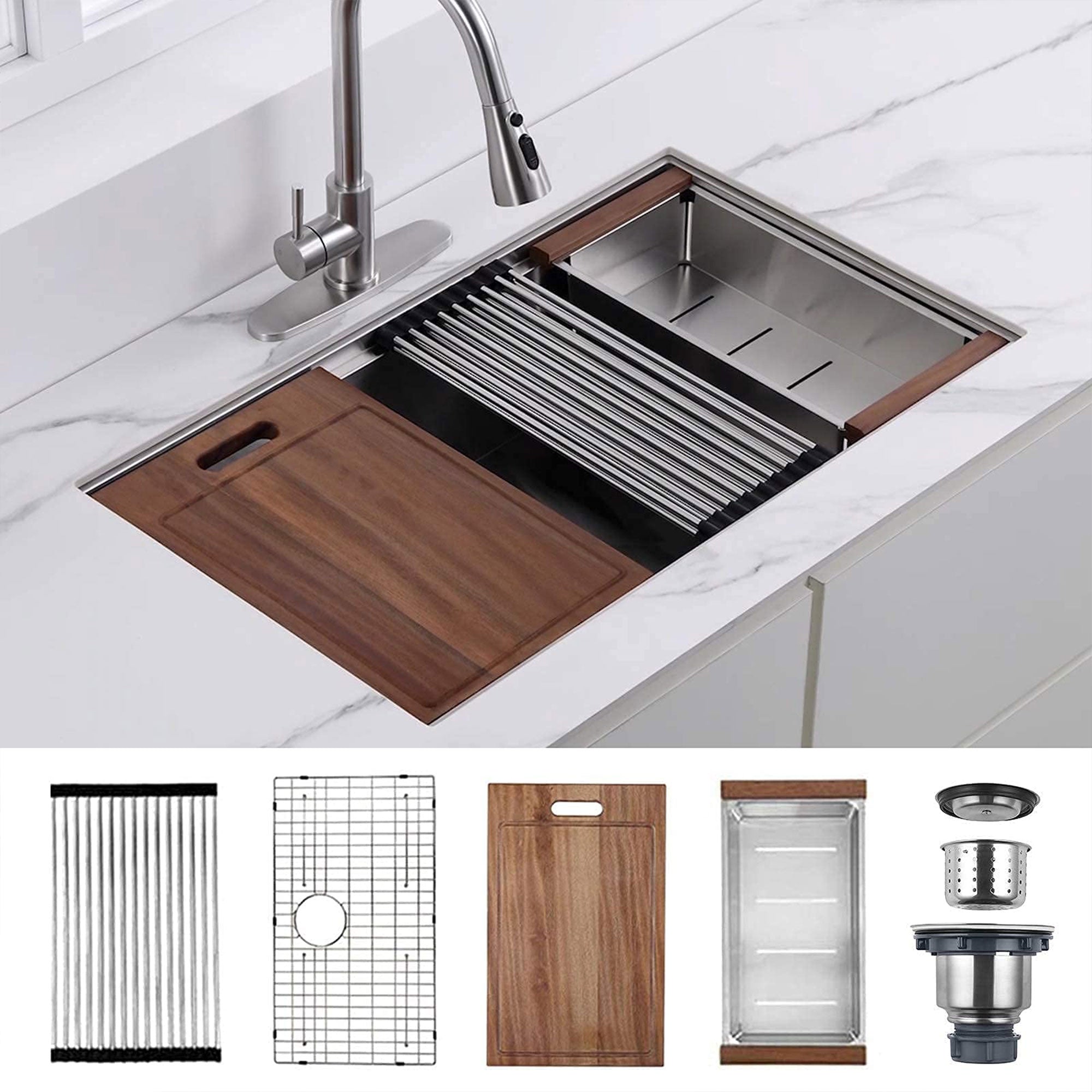 HausinLuck 32" Stainless Steel Workstation Kitchen Sink, Undermount, Brushed