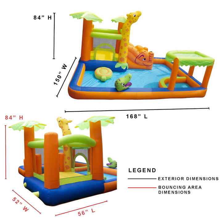 Banzai Safari Splash Water Park Inflatable Bouncer Slide with Cannon and Blower - VMInnovations