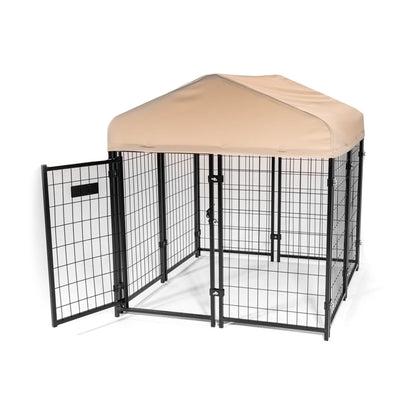 Lucky Dog STAY Series Studio Jr. 4x4x4.3 Ft Roofed Steel Frame Dog Kennel, Khaki