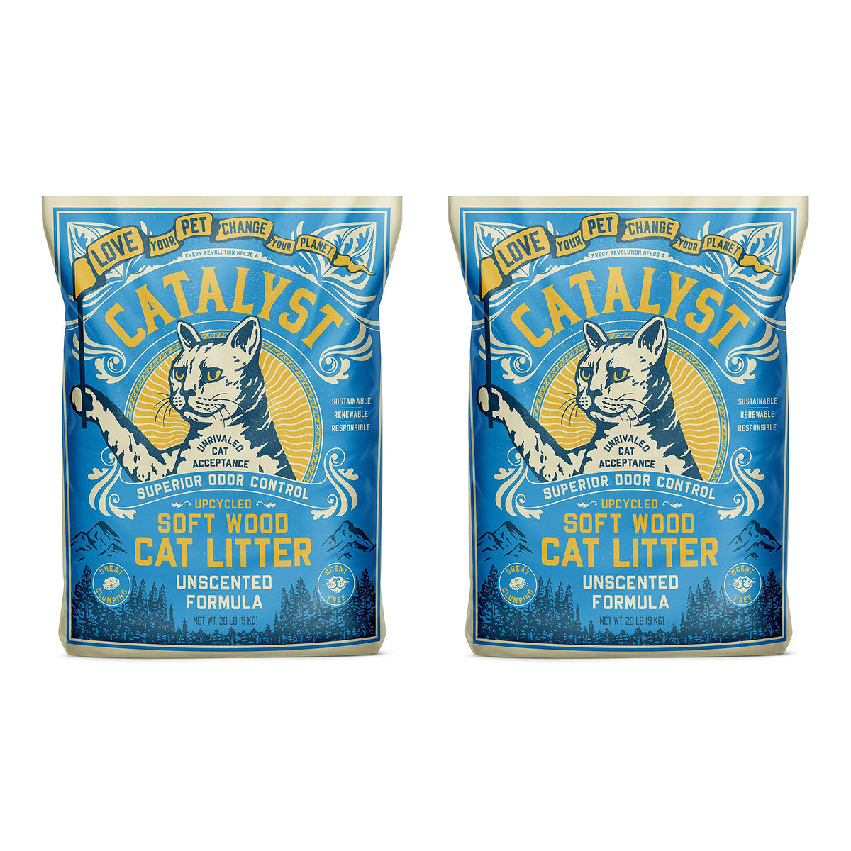 Catalyst Upcycled Soft Wood Cat Litter Odor Control, Unscented, 20 Lbs (2 Pack)