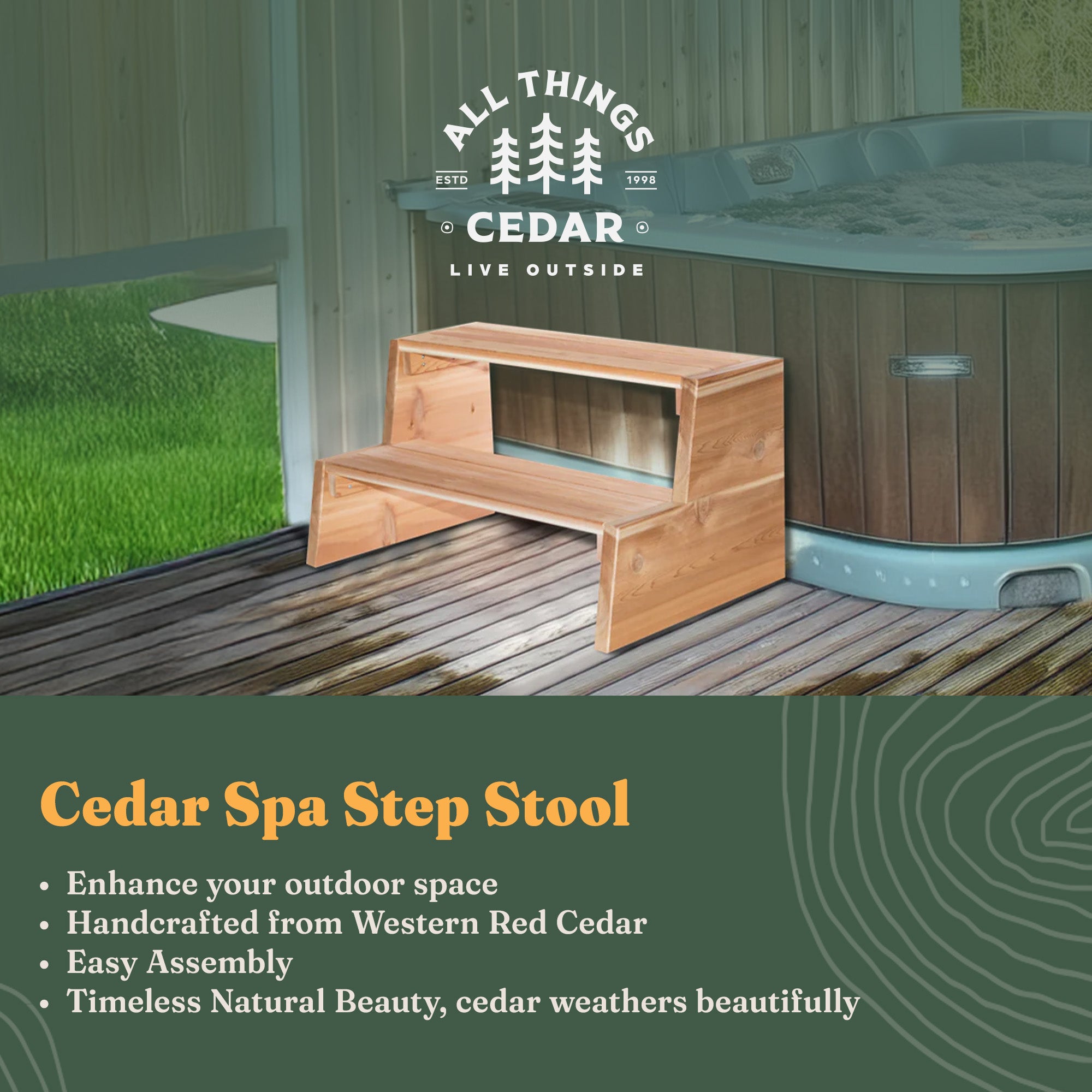 All Things Cedar Wooden 2 Tiered Step Stool for Outdoor Spas or Backyard Patios - VMInnovations