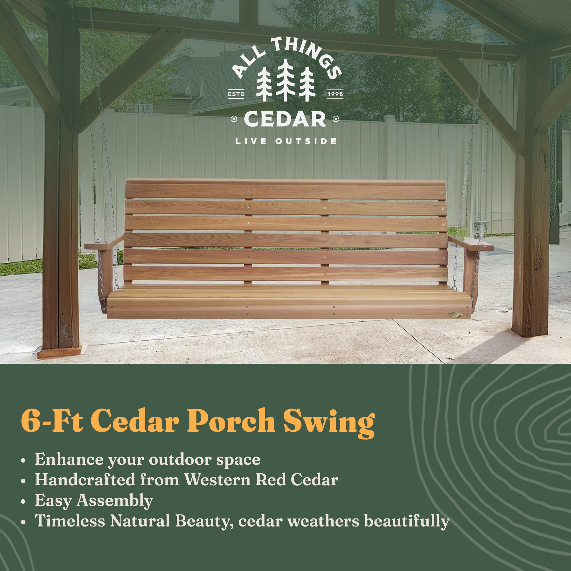All Things Cedar 6 Foot Wooden Porch Swing Outdoor Patio Furniture, Natural - VMInnovations