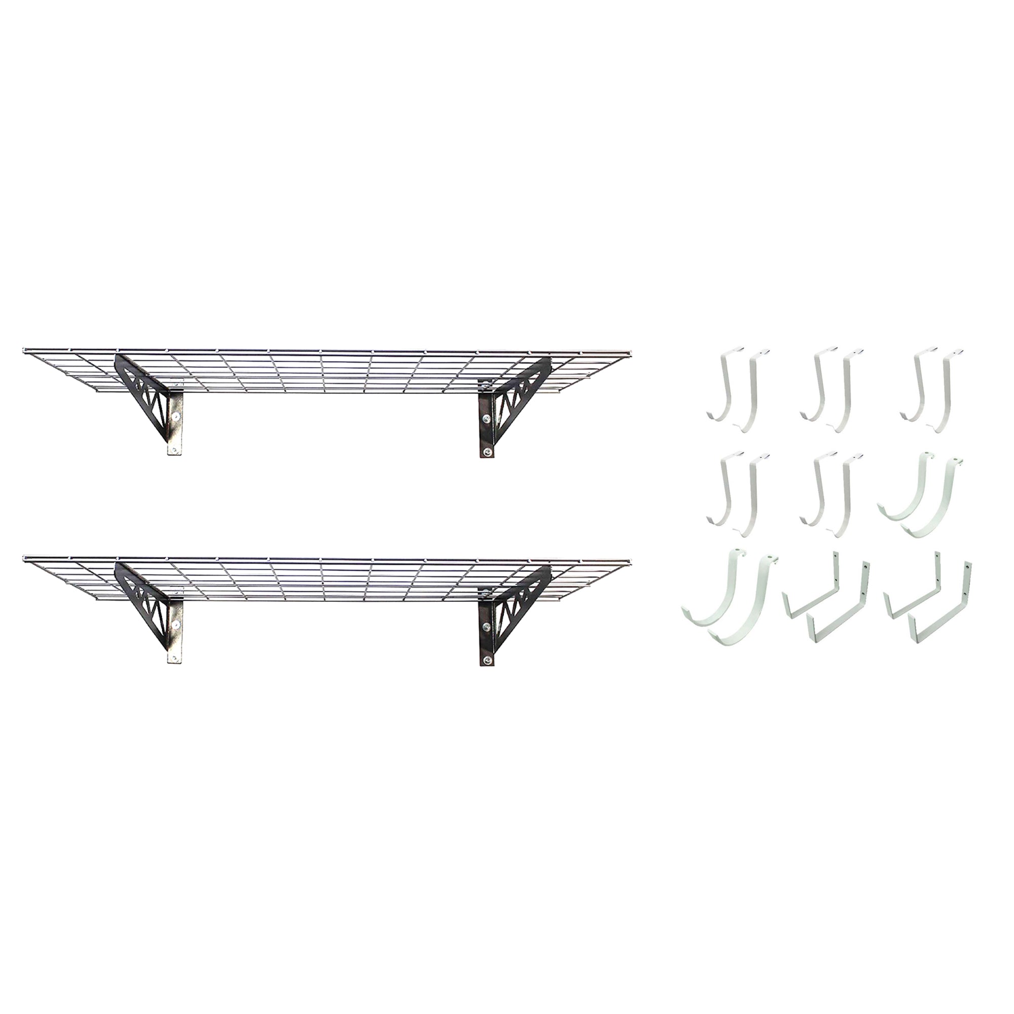 SafeRacks 18x48" Garage Shelf 2-Pack w/ Bike Hooks & 18ct Accessory Hook Package - VMInnovations