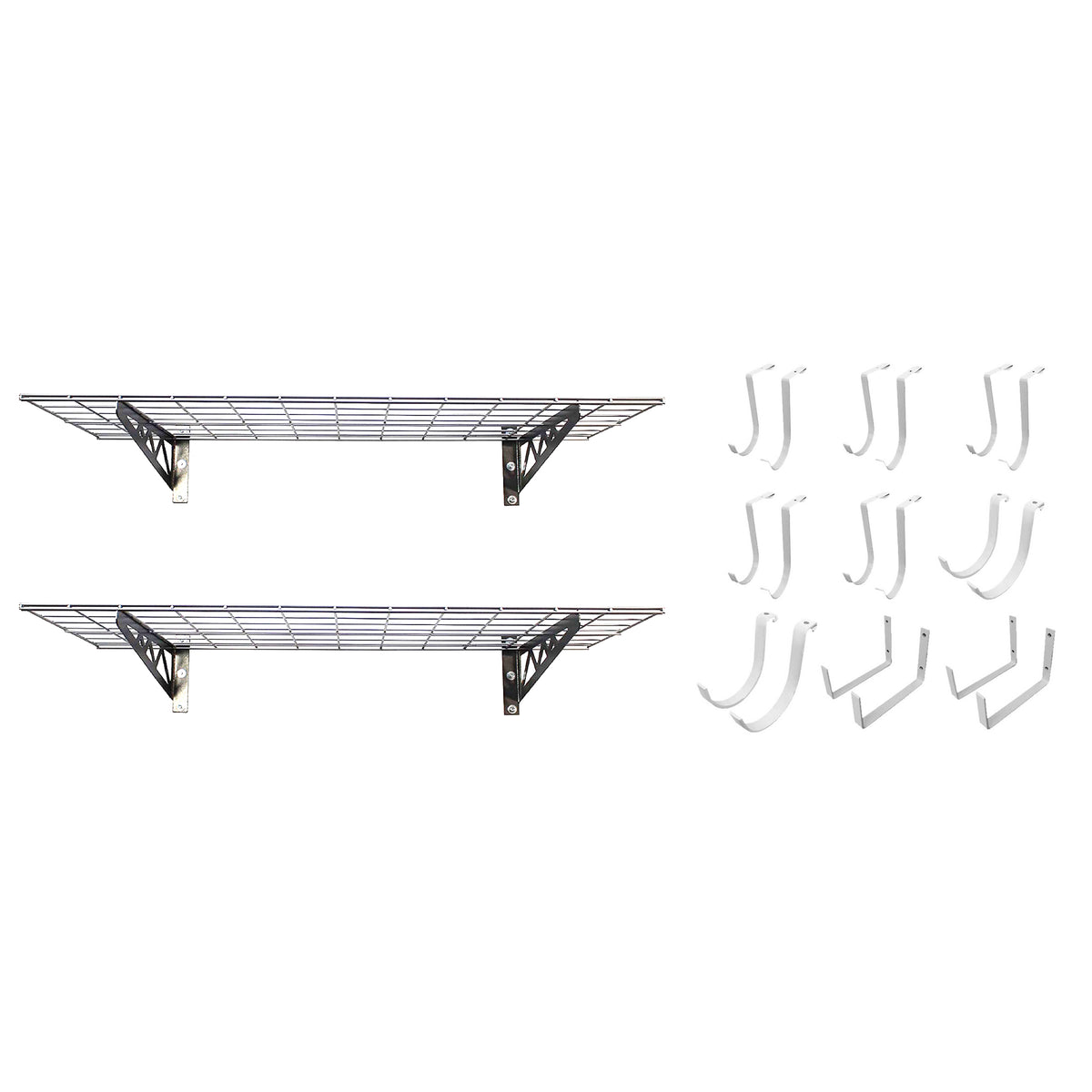 SafeRacks 24x48" Garage Shelf 2-Pack w/ Bike Hooks & 18ct Accessory Hook Package