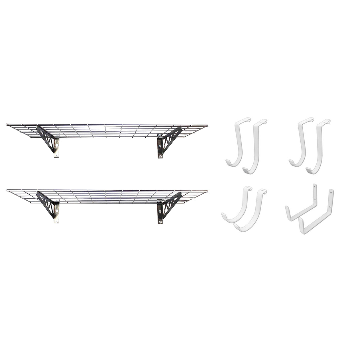 SafeRacks 24x48" Garage Shelf 2-Pack w/ Bike Hooks & 8ct Accessory Hook Package