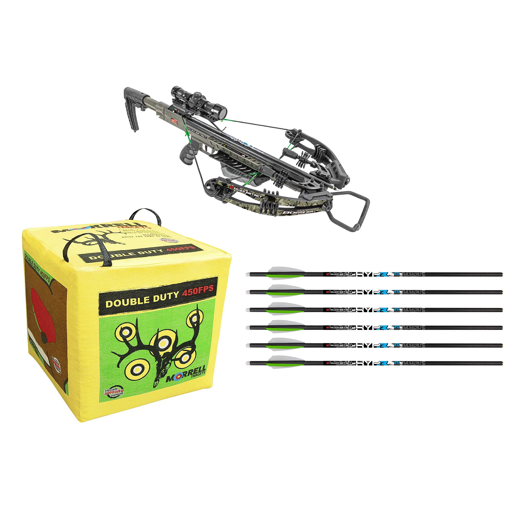 Killer Instinct Boss 405 Crossbow w/ 6 Pk Carbon Bolts, & Morrell Cube Target