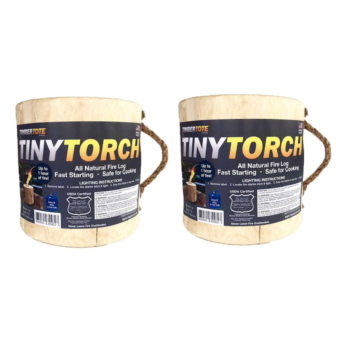 TimberTote Mighty Tiny Torch One Log Campfire Cooking Camp Fire Wood Log, 2 Pack