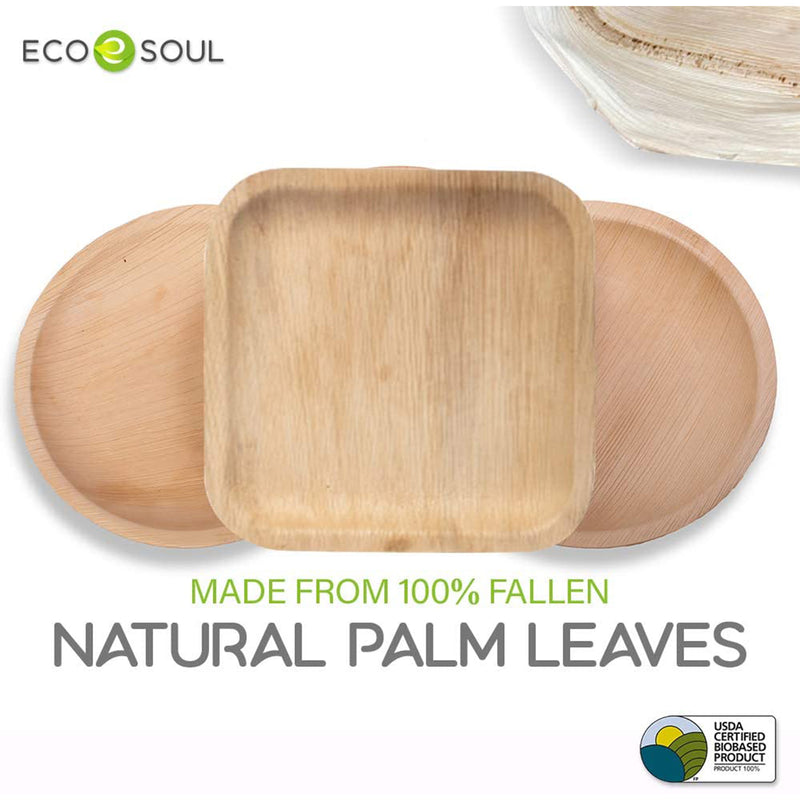ECO SOUL 8 Inch Natural Timber Free Palm Leaf Square Plates for Events, 100 Pack