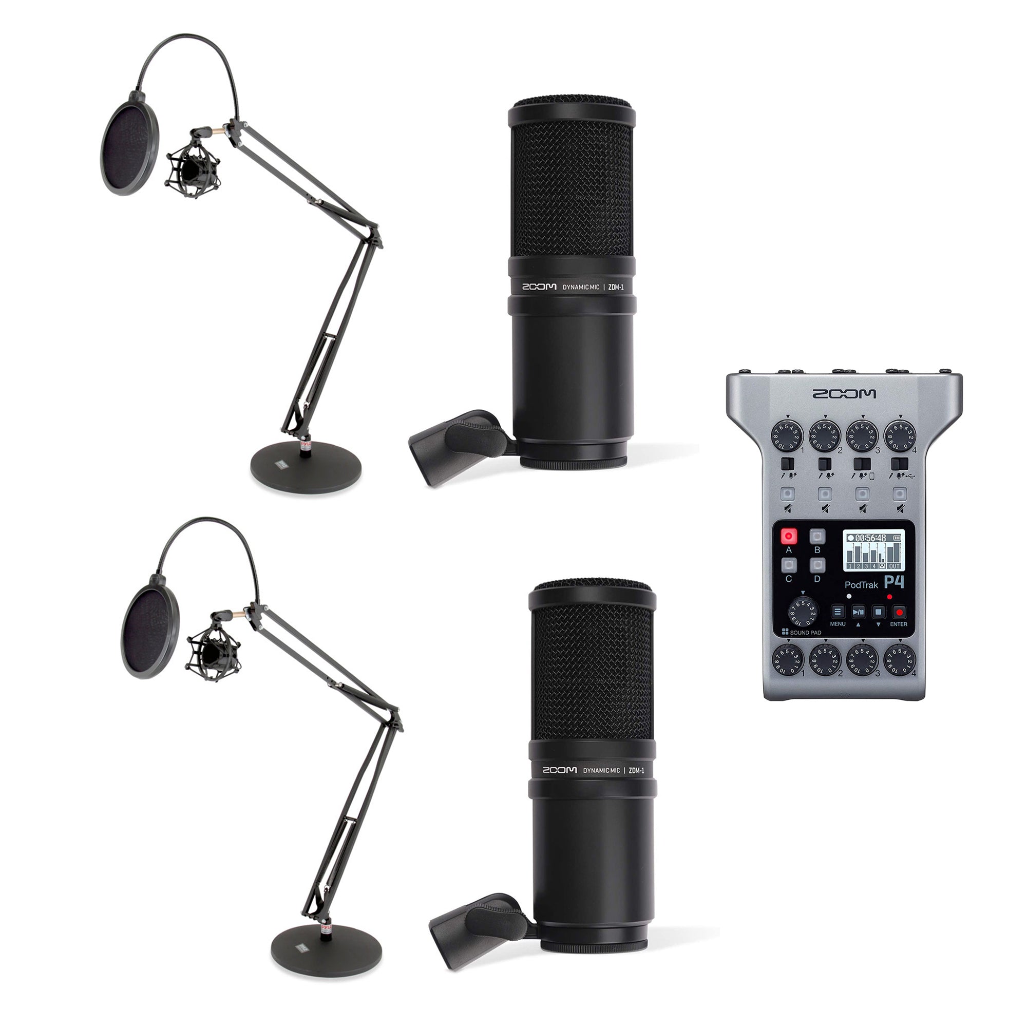 Zoom PodTrak Digital Recorder w/ 2 Dynamic Microphones & 2 Boom Desktop Arms