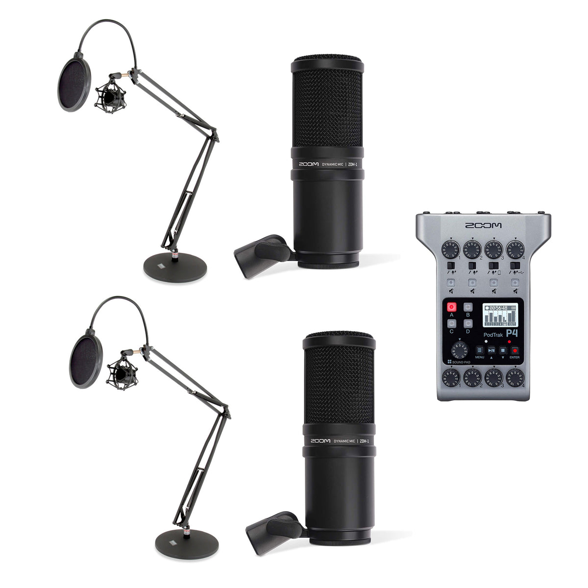 Zoom PodTrak Digital Recorder w/ 2 Dynamic Microphones & 2 Boom Desktop Arms
