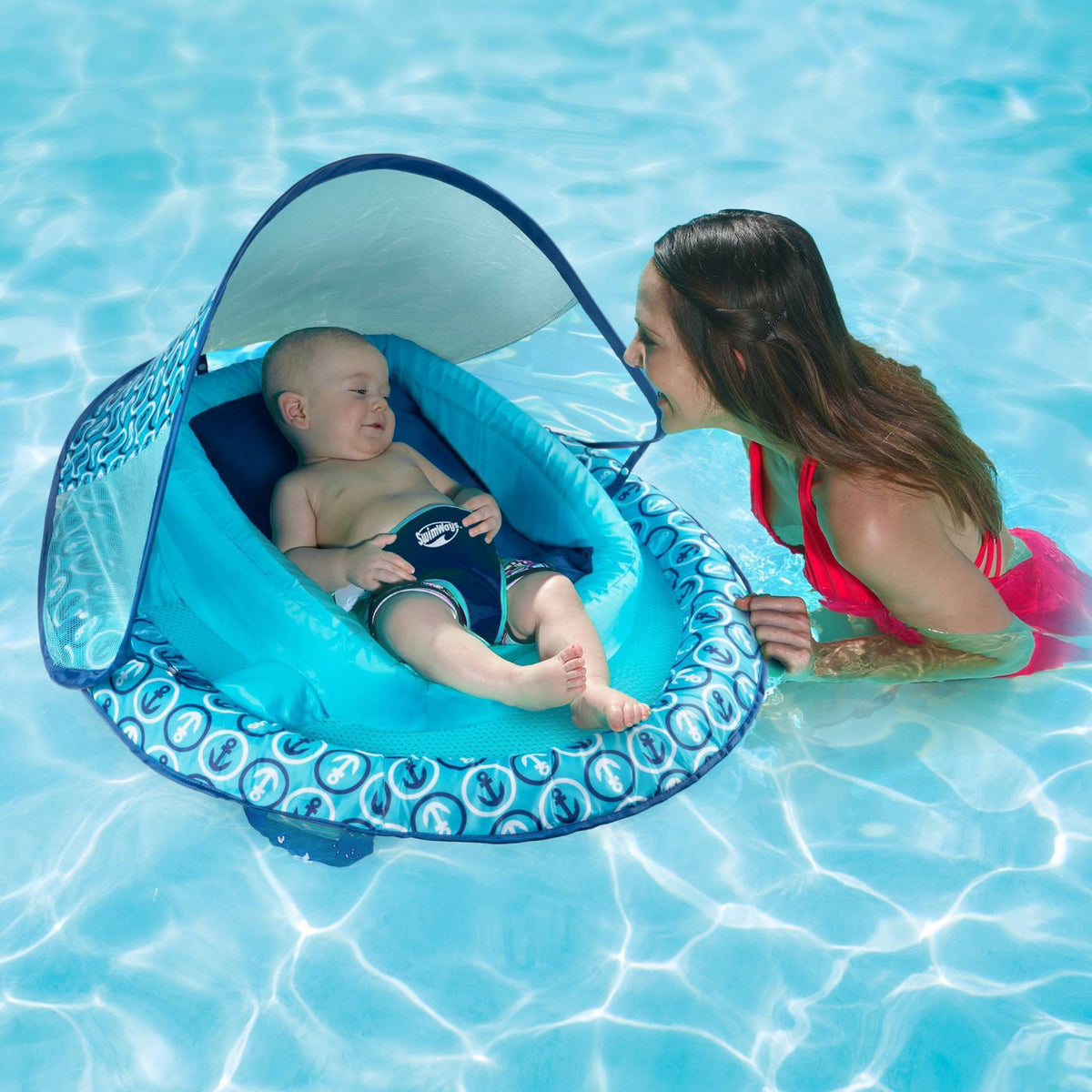 SwimWays Infant Baby Spring Float with Protective Adjustable Sun Canopy, Blue
