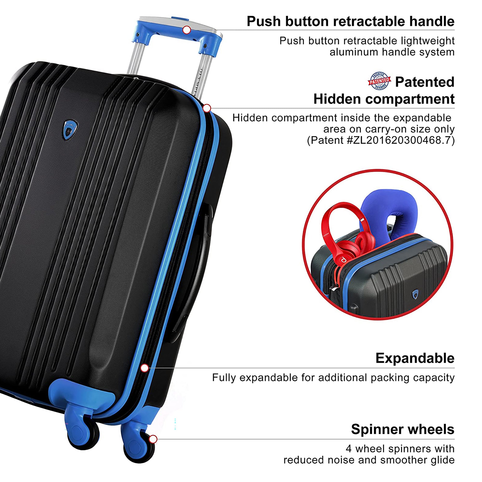 Olympia Apache II 4 Wheel Spinner Luggage Suitcase 3 Piece Set, Blue (Open Box) - VMInnovations