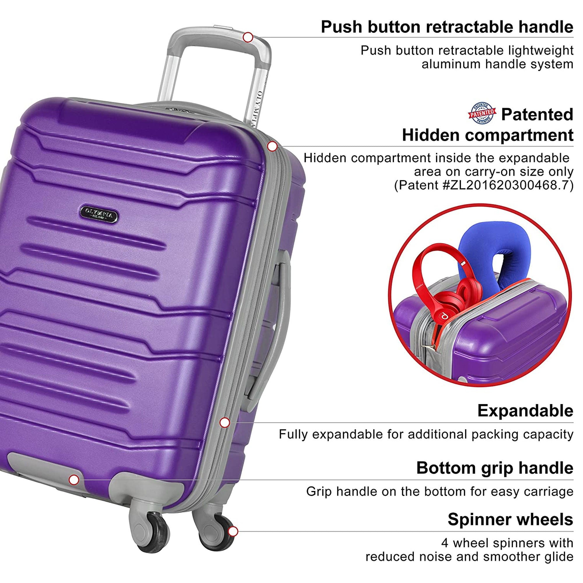 Olympia Denmark 21" Carry On 4 Wheel Spinner Luggage Suitcase, Purple (Open Box)