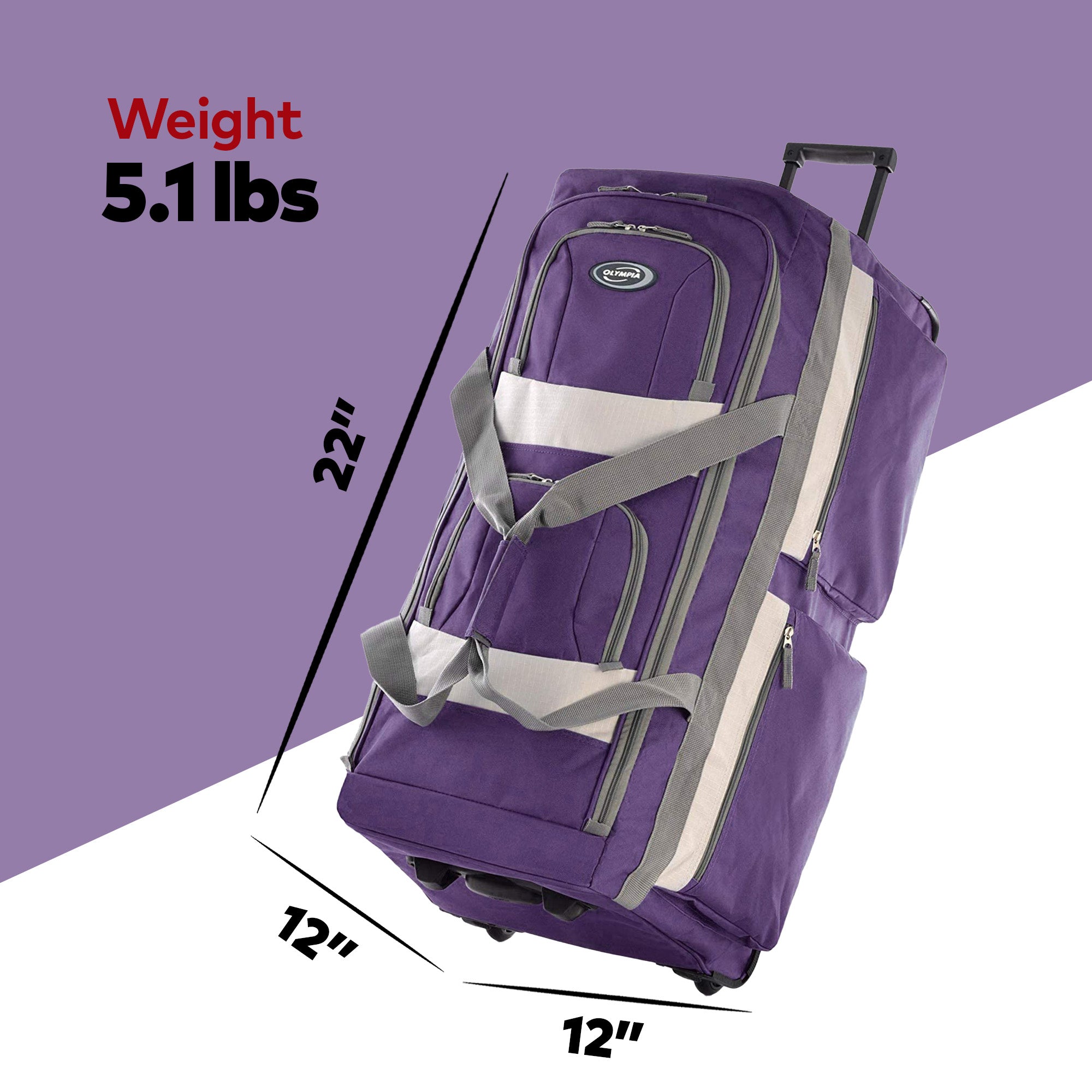Olympia 22 Inch 8 Pocket Rolling Duffel Bag w/ Handle, Dark Lavender (Open Box) - VMInnovations
