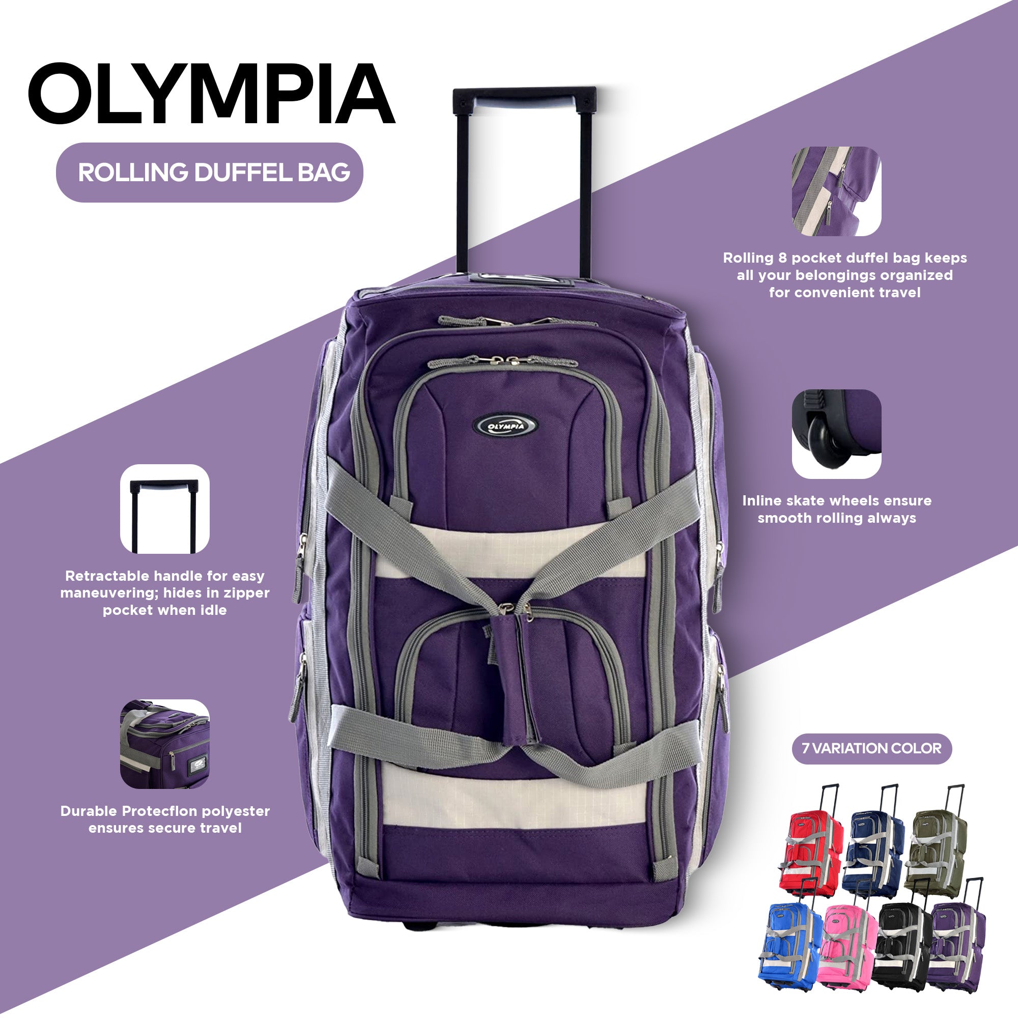 Olympia 22 Inch 8 Pocket Rolling Duffel Bag w/ Handle, Dark Lavender (Open Box) - VMInnovations