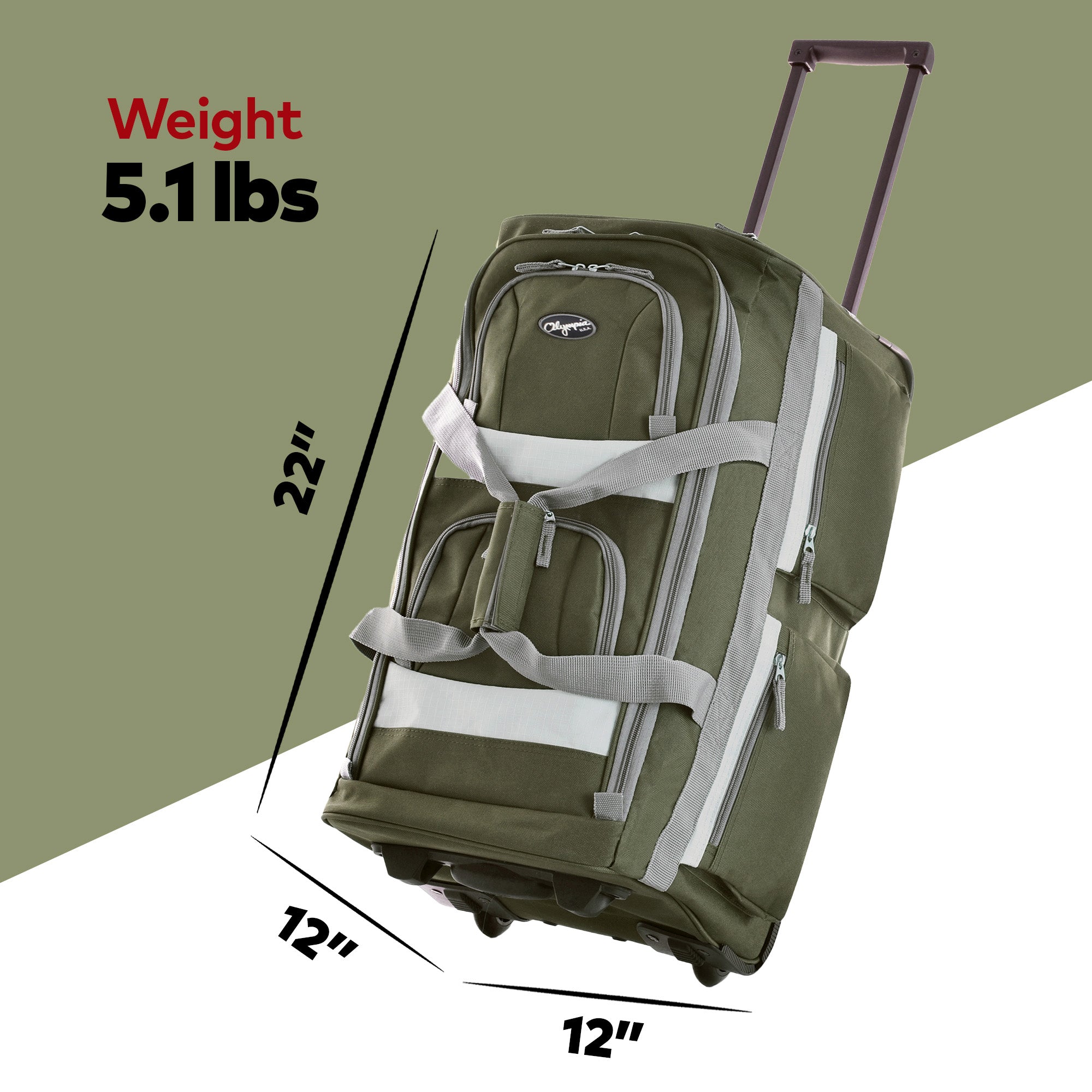 Olympia 22" 8 Pocket U Shape Duffel Bag w/ Retractable Handle, Green (Open Box) - VMInnovations