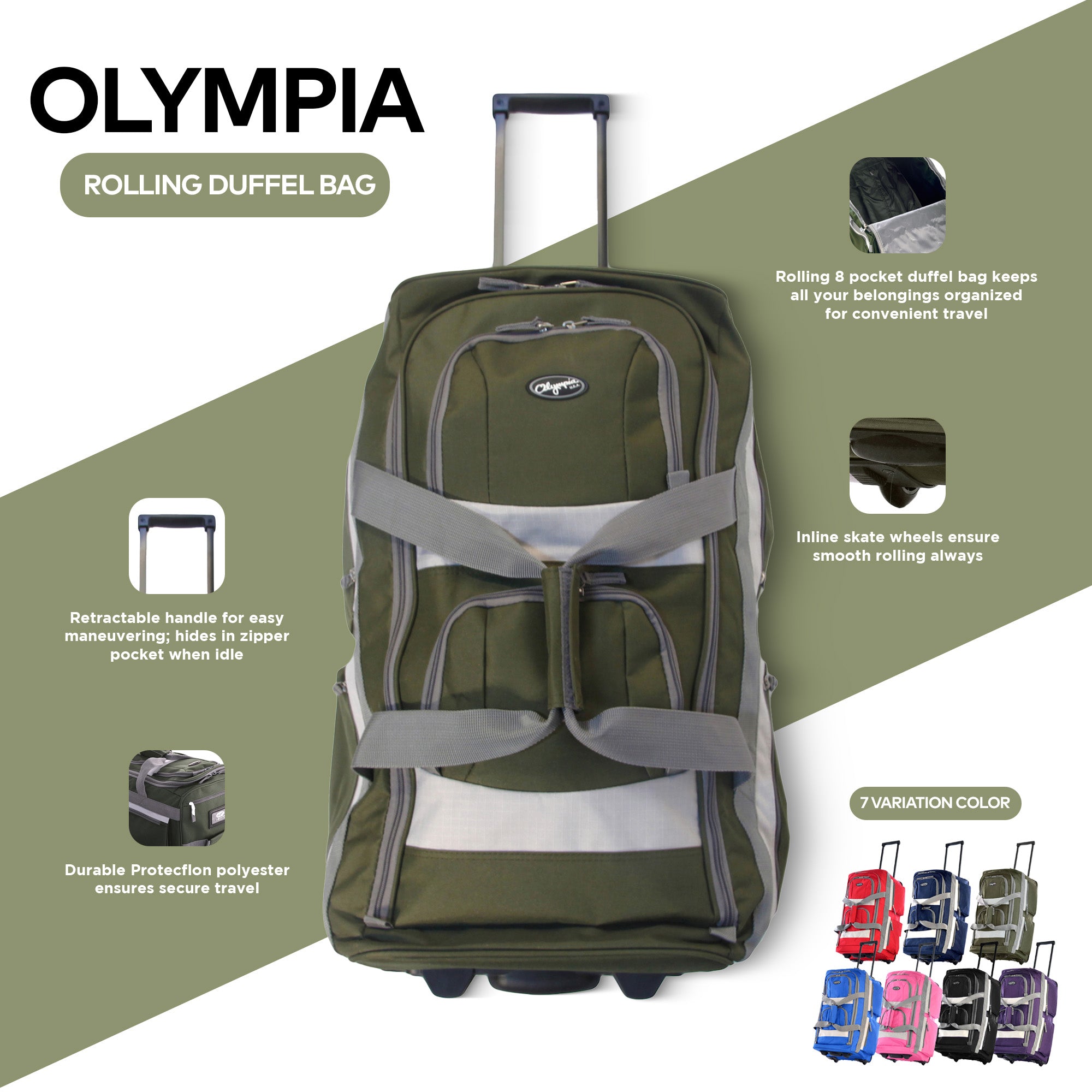 Olympia 22 Inch 8 Pocket Rolling U Shape Duffel Bag w/ Retractable Handle, Green - VMInnovations