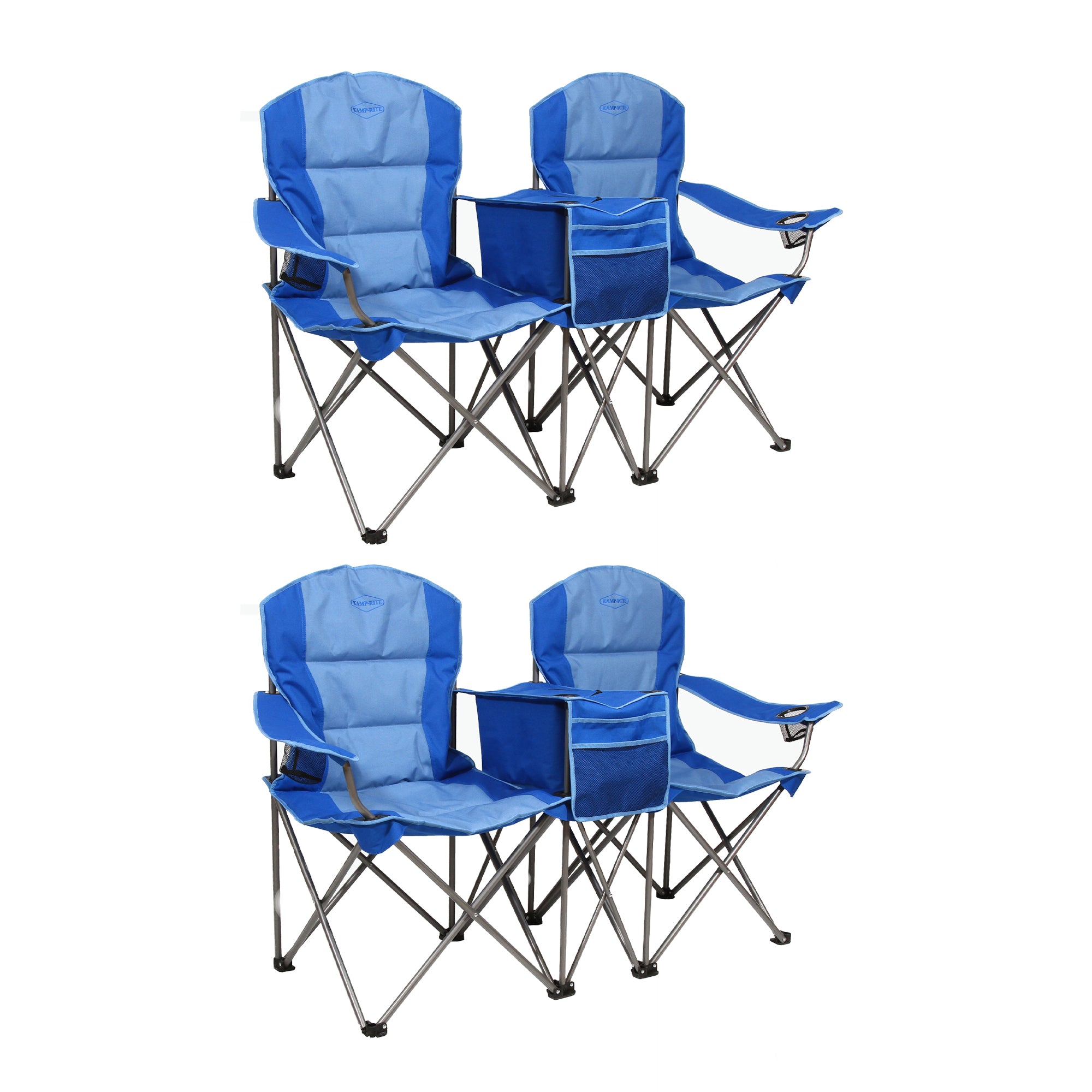 Kamp-Rite Double Folding Camp Chair w/Center Cooler & Cupholders, Blue (2 Pack) - VMInnovations