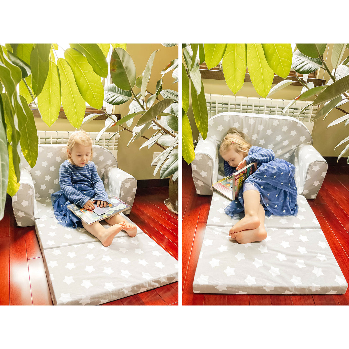 Delsit Toddler Couch and Kids 2 in 1 Flip Open Foam Double Sofa, Gray with Stars - VMInnovations